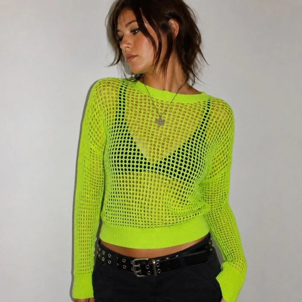 Y2K‎ Neon Mesh Knit Sweater Womens XS Open Knit Indie Sleaze Cyber Cotton Rave